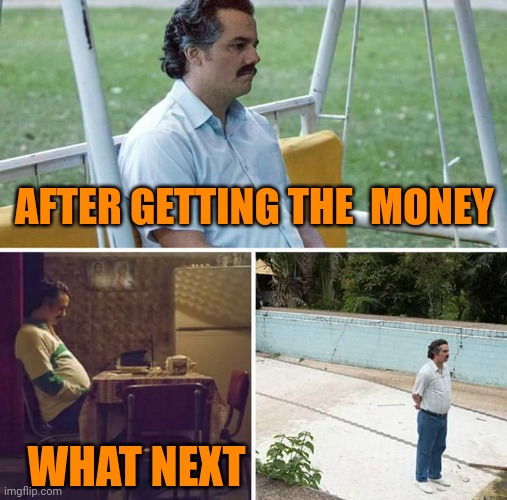Sad Pablo Escobar | AFTER GETTING THE  MONEY; WHAT NEXT | image tagged in memes,sad pablo escobar | made w/ Imgflip meme maker