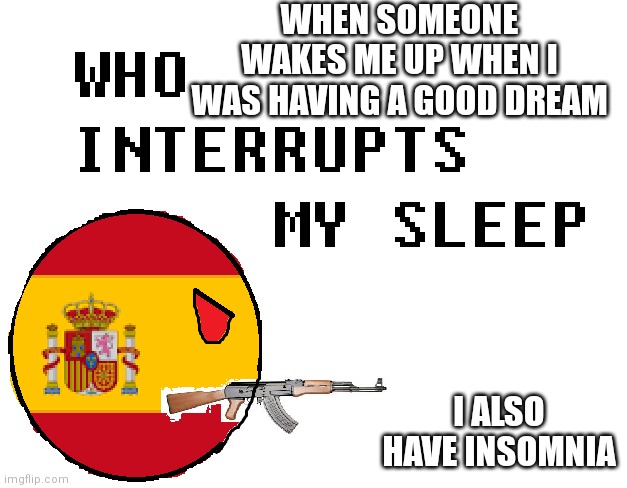 Who interrupts my sleep | WHEN SOMEONE WAKES ME UP WHEN I WAS HAVING A GOOD DREAM; I ALSO HAVE INSOMNIA | image tagged in who interrupts my sleep | made w/ Imgflip meme maker