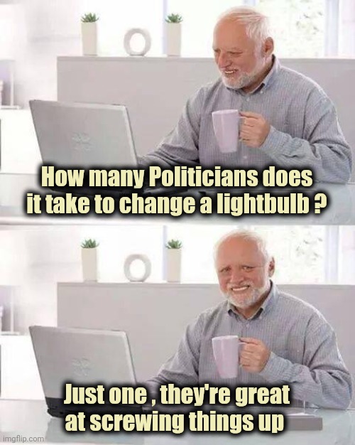 Hide the Pain Harold Meme | How many Politicians does it take to change a lightbulb ? Just one , they're great
at screwing things up | image tagged in memes,hide the pain harold | made w/ Imgflip meme maker