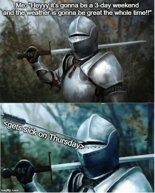 well dang |  Me: "Heyyy it's gonna be a 3-day weekend and the weather is gonna be great the whole time!!"; <gets sick on Thursday> | image tagged in knight with arrow in helmet,bad luck brian,sick,cold,covid-19 | made w/ Imgflip meme maker