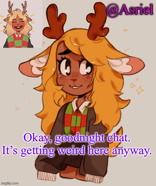 Gn | Okay, goodnight chat.
It’s getting weird here anyway. | image tagged in asriel's noelle temp | made w/ Imgflip meme maker