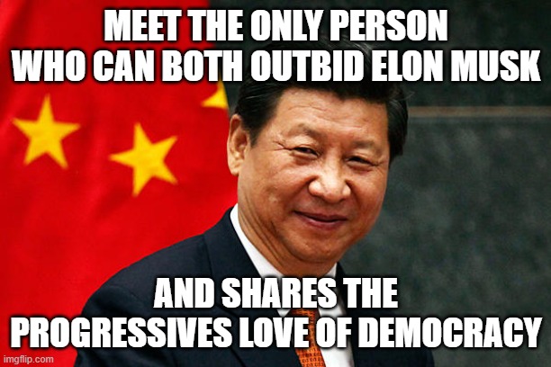 Xi Jinping | MEET THE ONLY PERSON WHO CAN BOTH OUTBID ELON MUSK; AND SHARES THE PROGRESSIVES LOVE OF DEMOCRACY | image tagged in xi jinping | made w/ Imgflip meme maker