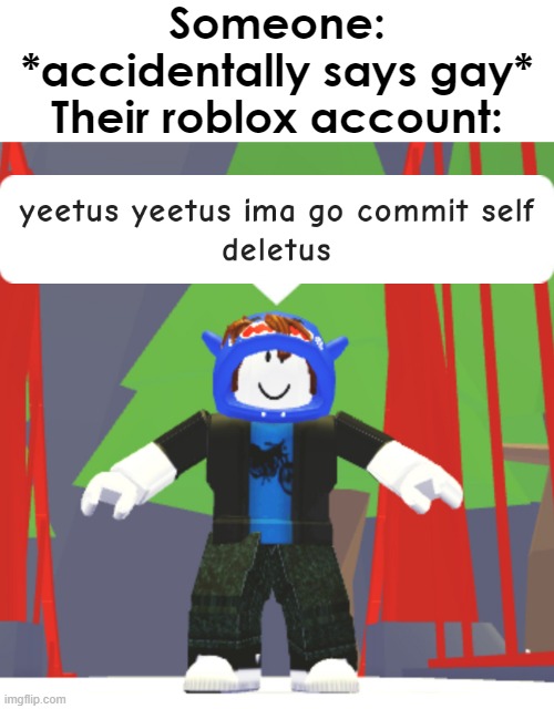 like bruh | Someone: *accidentally says gay*
Their roblox account: | image tagged in yeetus yeetus ima go commit self deletus | made w/ Imgflip meme maker