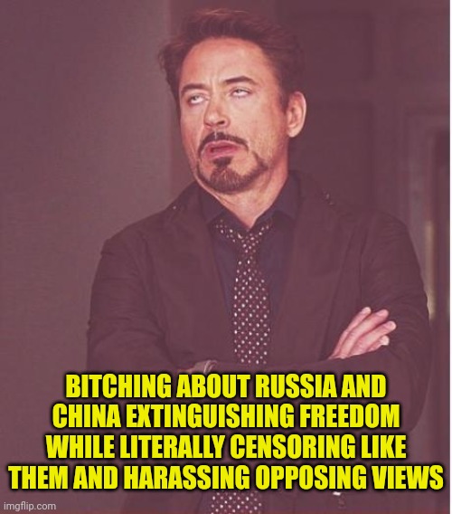 Face You Make Robert Downey Jr Meme | BITCHING ABOUT RUSSIA AND CHINA EXTINGUISHING FREEDOM WHILE LITERALLY CENSORING LIKE THEM AND HARASSING OPPOSING VIEWS | image tagged in memes,face you make robert downey jr | made w/ Imgflip meme maker