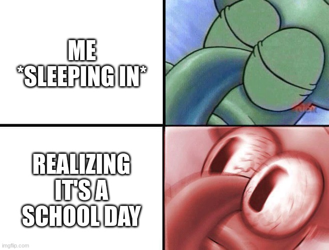Sad days | ME *SLEEPING IN*; REALIZING IT'S A SCHOOL DAY | image tagged in sleeping squidward | made w/ Imgflip meme maker