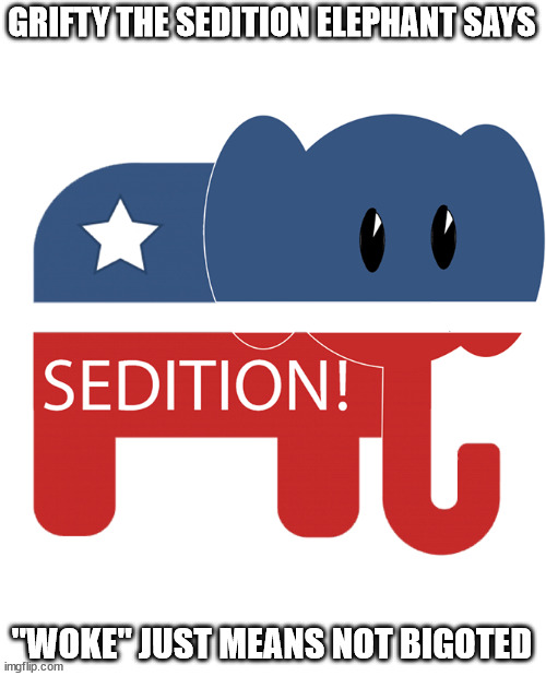 Grifty Says..... | GRIFTY THE SEDITION ELEPHANT SAYS; "WOKE" JUST MEANS NOT BIGOTED | image tagged in maga,libtard,trump,snowflake | made w/ Imgflip meme maker