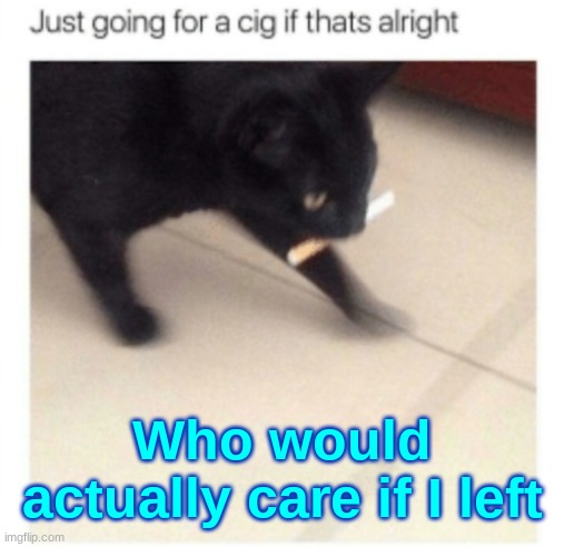 Just going for a cig if that's alright | Who would actually care if I left | image tagged in just going for a cig if that's alright | made w/ Imgflip meme maker