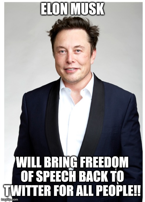 Elon musk | ELON MUSK; WILL BRING FREEDOM OF SPEECH BACK TO TWITTER FOR ALL PEOPLE!! | image tagged in elon musk | made w/ Imgflip meme maker