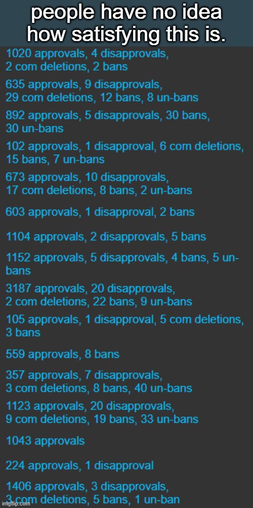 Not even kidding before it'd be like "no moderations, 83, 61, 3, no moderations, 17" | people have no idea how satisfying this is. | made w/ Imgflip meme maker