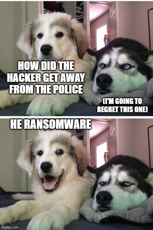 Bad pun dogs | HOW DID THE HACKER GET AWAY FROM THE POLICE; (I'M GOING TO REGRET THIS ONE); HE RANSOMWARE | image tagged in bad pun dogs | made w/ Imgflip meme maker