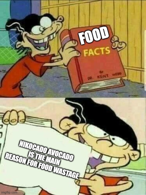 Double d facts book  | FOOD; NIKOCADO AVOCADO IS THE MAIN REASON FOR FOOD WASTAGE | image tagged in double d facts book | made w/ Imgflip meme maker