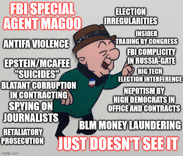 Is the FBI Egregiously Incompetent or part of the problem? |  FBI SPECIAL AGENT MAGOO; ELECTION IRREGULARITIES; INSIDER TRADING BY CONGRESS; ANTIFA VIOLENCE; FBI COMPLICITY IN RUSSIA-GATE; EPSTEIN/MCAFEE "SUICIDES"; BIG TECH ELECTION INTERFERENCE; BLATANT CORRUPTION IN CONTRACTING; NEPOTISM BY HIGH DEMOCRATS IN OFFICE AND CONTRACTS; SPYING ON JOURNALISTS; RETALIATORY PROSECUTION; BLM MONEY LAUNDERING; JUST DOESN'T SEE IT | image tagged in fbi,incompetence | made w/ Imgflip meme maker