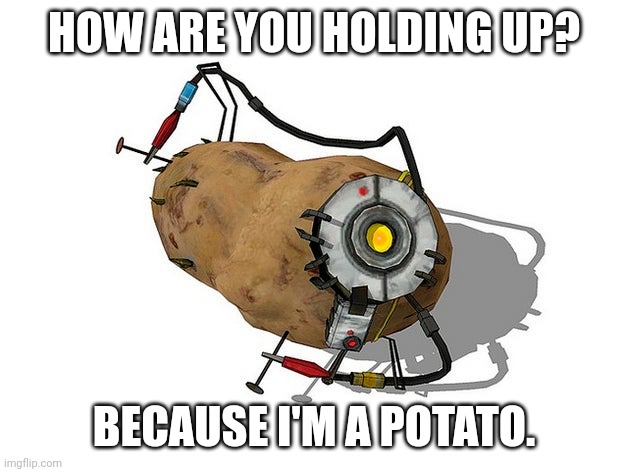 Portal reference go brrrrrrr | HOW ARE YOU HOLDING UP? BECAUSE I'M A POTATO. | image tagged in potato glados | made w/ Imgflip meme maker