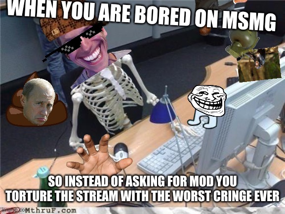 I’m sorry for the damage Imma cause | WHEN YOU ARE BORED ON MSMG; SO INSTEAD OF ASKING FOR MOD YOU TORTURE THE STREAM WITH THE WORST CRINGE EVER | image tagged in waiting skeleton | made w/ Imgflip meme maker