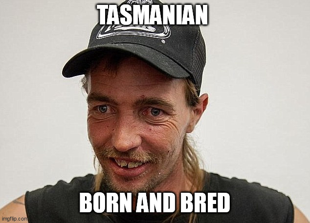 Tasmanian Bogan | TASMANIAN; BORN AND BRED | image tagged in tasmania,tasmanian,australia,bogan | made w/ Imgflip meme maker