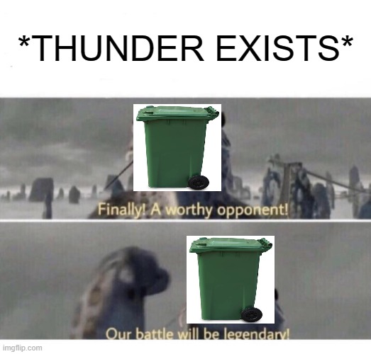 Thunder vs Bin | *THUNDER EXISTS* | image tagged in our battle will be legendary | made w/ Imgflip meme maker