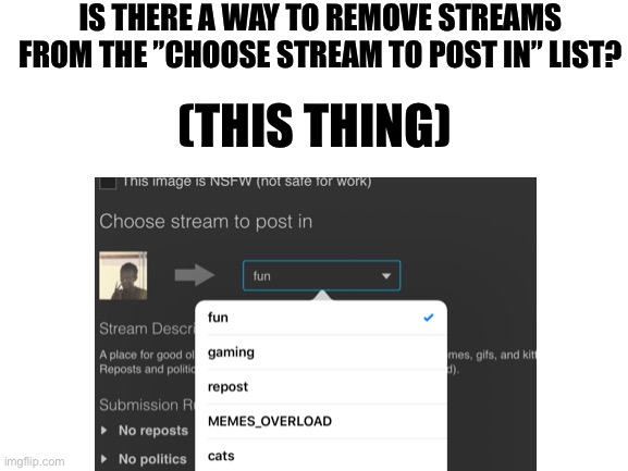I have tried unfollowing streams but they still doesn’t get removed from the list | IS THERE A WAY TO REMOVE STREAMS FROM THE ”CHOOSE STREAM TO POST IN” LIST? (THIS THING) | image tagged in memes,funny,imgflip,streams,funny memes | made w/ Imgflip meme maker