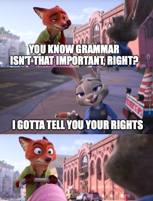 Grammar Police | YOU KNOW GRAMMAR ISN'T THAT IMPORTANT, RIGHT? I GOTTA TELL YOU YOUR RIGHTS | image tagged in zootopia nick reaction | made w/ Imgflip meme maker