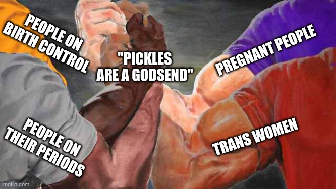 I'm right though | PEOPLE ON BIRTH CONTROL; PREGNANT PEOPLE; "PICKLES ARE A GODSEND"; TRANS WOMEN; PEOPLE ON THEIR PERIODS | image tagged in epic handshake four way | made w/ Imgflip meme maker