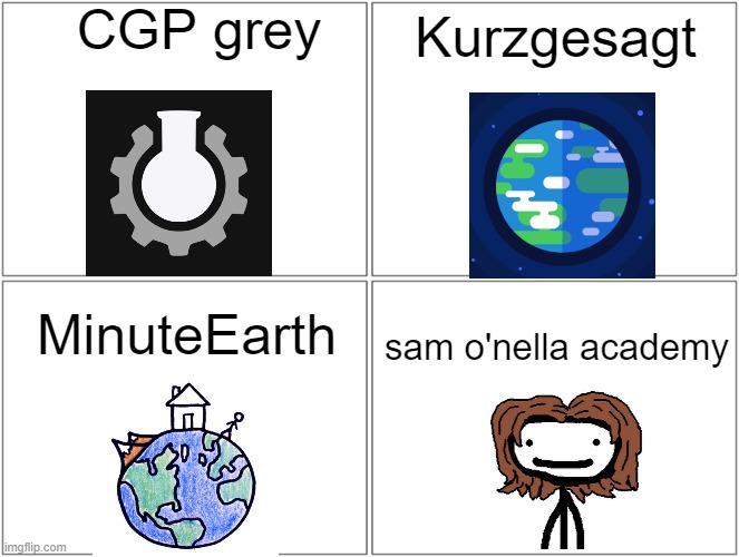 The 4 horsemen of educational youtubers that everybody loves | CGP grey; Kurzgesagt; MinuteEarth; sam o'nella academy | image tagged in memes,blank comic panel 2x2 | made w/ Imgflip meme maker