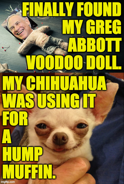 Luckily he's had his shots. | FINALLY FOUND
MY GREG
ABBOTT
VOODOO DOLL. MY CHIHUAHUA
WAS USING IT
FOR
A
HUMP
MUFFIN. | image tagged in memes,greg abbott,voodoo doll,ay chihuahua | made w/ Imgflip meme maker