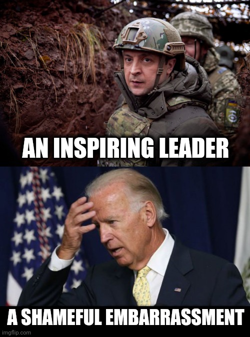 Opposites | AN INSPIRING LEADER; A SHAMEFUL EMBARRASSMENT | image tagged in ukraine president,joe biden worries,leadership,ukraine,democrats | made w/ Imgflip meme maker