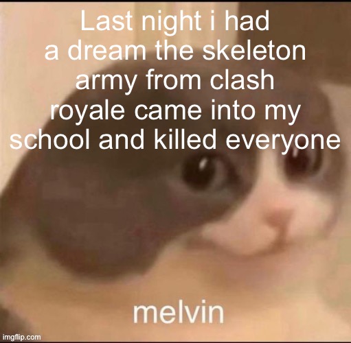 melvin | Last night i had a dream the skeleton army from clash royale came into my school and killed everyone | image tagged in melvin | made w/ Imgflip meme maker