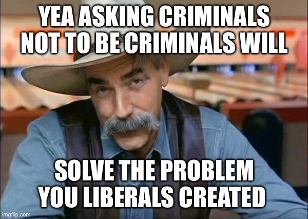 Sam Elliott special kind of stupid | YEA ASKING CRIMINALS NOT TO BE CRIMINALS WILL SOLVE THE PROBLEM YOU LIBERALS CREATED | image tagged in sam elliott special kind of stupid | made w/ Imgflip meme maker