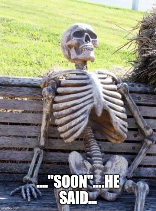 Waiting Skeleton Meme | ...."SOON"....HE SAID... | image tagged in memes,waiting skeleton | made w/ Imgflip meme maker