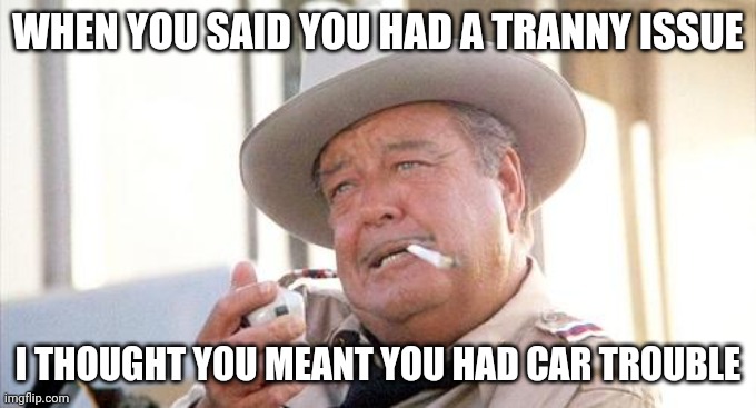 Buford T Justice | WHEN YOU SAID YOU HAD A TRANNY ISSUE; I THOUGHT YOU MEANT YOU HAD CAR TROUBLE | image tagged in buford t justice | made w/ Imgflip meme maker