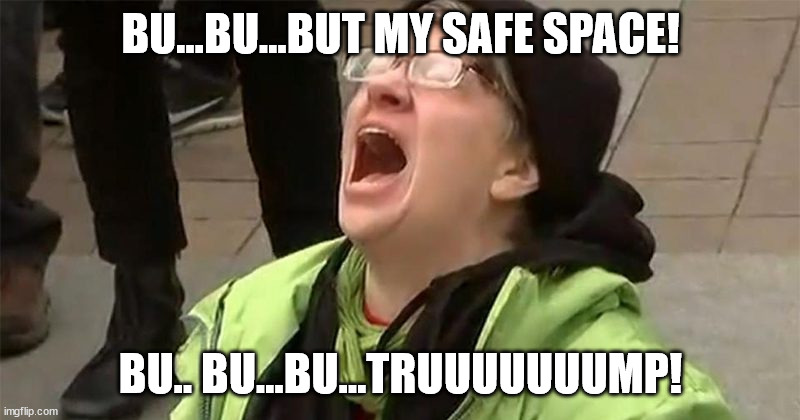 crying liberal | BU...BU...BUT MY SAFE SPACE! BU.. BU...BU...TRUUUUUUUMP! | image tagged in crying liberal | made w/ Imgflip meme maker