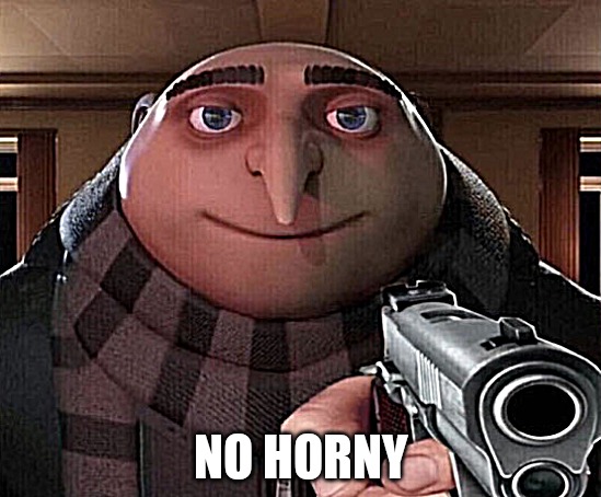 Gru Gun | NO HORNY | image tagged in gru gun | made w/ Imgflip meme maker