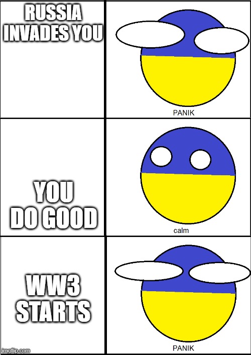 Ukraine VS Russia in a nutshell | RUSSIA INVADES YOU; YOU DO GOOD; WW3 STARTS | image tagged in ukraineball panik | made w/ Imgflip meme maker