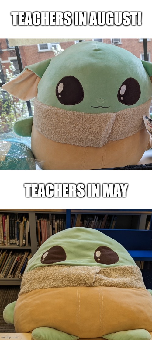 Expectation v Reality |  TEACHERS IN AUGUST! TEACHERS IN MAY | image tagged in funny memes,starwars,grogu,baby yoda,reality check,before and after | made w/ Imgflip meme maker