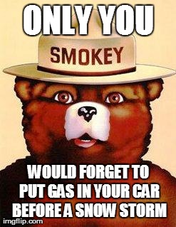 ONLY YOU WOULD FORGET TO PUT GAS IN YOUR CAR BEFORE A SNOW STORM | image tagged in smokey,AdviceAnimals | made w/ Imgflip meme maker