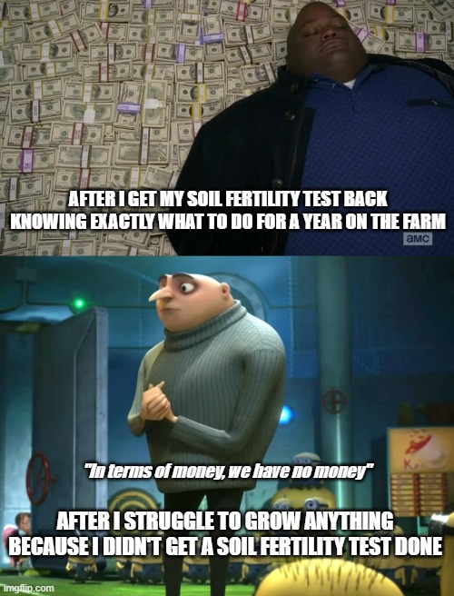 Soil Fertility Meme | AFTER I GET MY SOIL FERTILITY TEST BACK KNOWING EXACTLY WHAT TO DO FOR A YEAR ON THE FARM; "In terms of money, we have no money"; AFTER I STRUGGLE TO GROW ANYTHING BECAUSE I DIDN'T GET A SOIL FERTILITY TEST DONE | image tagged in man sleeping on money,in terms of money we have no money | made w/ Imgflip meme maker