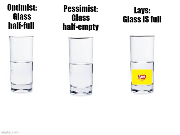 Lays | Lays: Glass IS full; Pessimist: Glass half-empty; Optimist: Glass half-full | image tagged in lays chips,glass half-full,glass half-empty | made w/ Imgflip meme maker