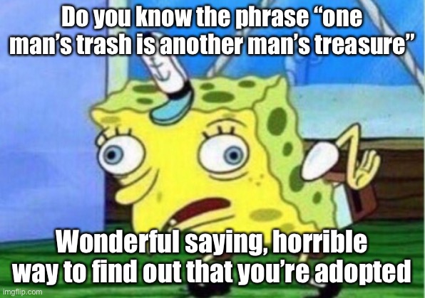 Mocking Spongebob | Do you know the phrase “one man’s trash is another man’s treasure”; Wonderful saying, horrible way to find out that you’re adopted | image tagged in memes,mocking spongebob | made w/ Imgflip meme maker