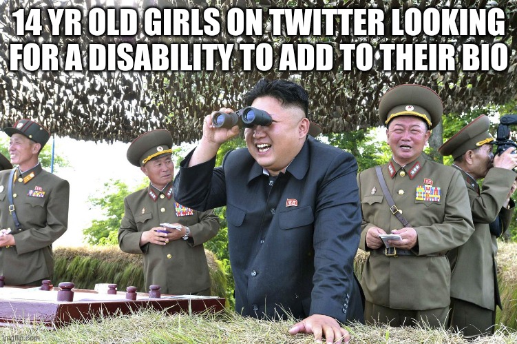 Kim Jong Un Loooking | 14 YR OLD GIRLS ON TWITTER LOOKING FOR A DISABILITY TO ADD TO THEIR BIO | made w/ Imgflip meme maker