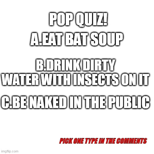 Blank Transparent Square | POP QUIZ! A.EAT BAT SOUP; B.DRINK DIRTY WATER WITH INSECTS ON IT; C.BE NAKED IN THE PUBLIC; PICK ONE TYPE IN THE COMMENTS | image tagged in memes,blank transparent square | made w/ Imgflip meme maker