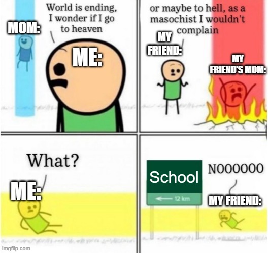 Guy goes to "School" | MOM:; MY FRIEND:; MY FRIEND'S MOM:; ME:; School; ME:; MY FRIEND: | image tagged in guy goes to insert text here | made w/ Imgflip meme maker