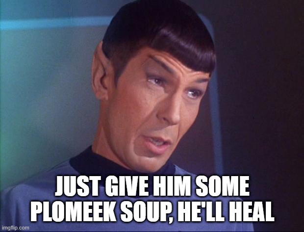 Spock | JUST GIVE HIM SOME PLOMEEK SOUP, HE'LL HEAL | image tagged in spock | made w/ Imgflip meme maker