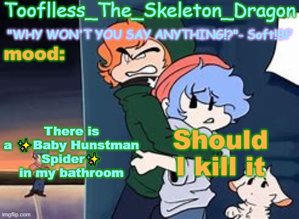 Skid's/Tooflless 2nd soft temp | There is a ✨Baby Hunstman Spider✨ in my bathroom; Should I kill it | image tagged in skid's/tooflless 2nd soft temp | made w/ Imgflip meme maker