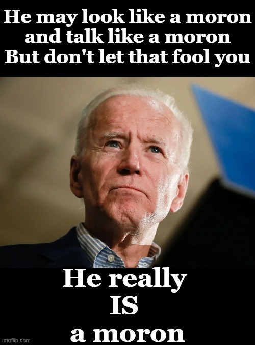 Don't let this fool fool you! |  He may look like a moron
and talk like a moron
But don't let that fool you; He really 
IS 
a moron | image tagged in joe biden,political meme,funny meme,moron and idiot,stupid,hurtful but truthful | made w/ Imgflip meme maker