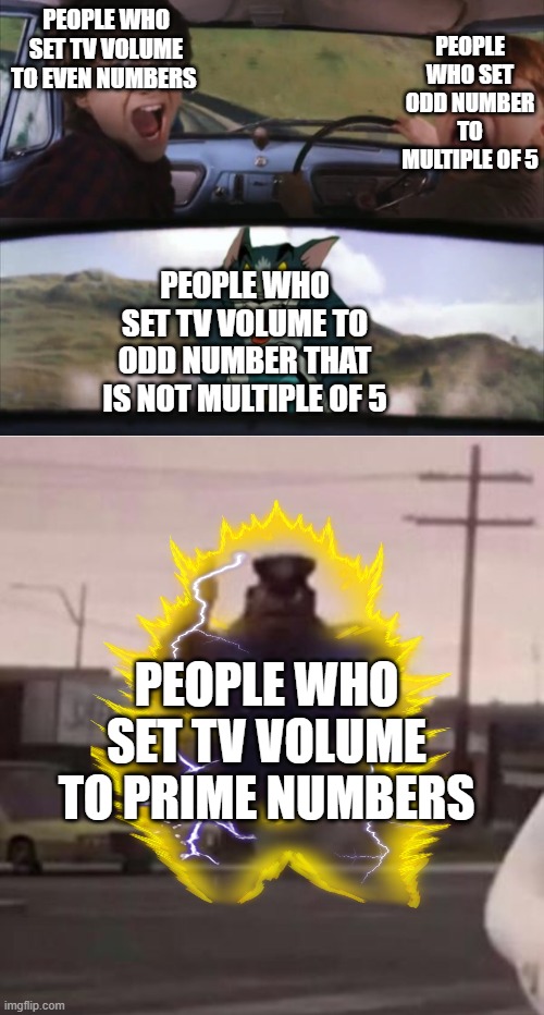 tv volume | PEOPLE WHO SET ODD NUMBER TO MULTIPLE OF 5; PEOPLE WHO SET TV VOLUME TO EVEN NUMBERS; PEOPLE WHO SET TV VOLUME TO ODD NUMBER THAT IS NOT MULTIPLE OF 5; PEOPLE WHO SET TV VOLUME TO PRIME NUMBERS | image tagged in harry and tom 2 feat earl | made w/ Imgflip meme maker