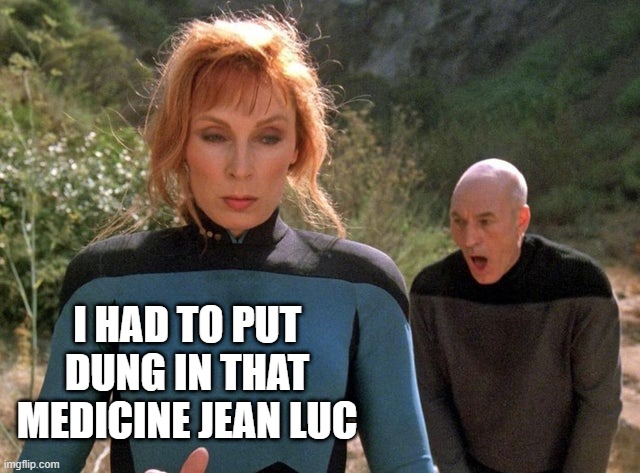 Like, Be Happy You're Alive Captain | I HAD TO PUT DUNG IN THAT MEDICINE JEAN LUC | image tagged in crusher picard | made w/ Imgflip meme maker