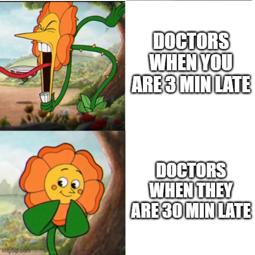 Cuphead Flower | DOCTORS WHEN YOU ARE 3 MIN LATE; DOCTORS WHEN THEY ARE 30 MIN LATE | image tagged in cuphead flower | made w/ Imgflip meme maker