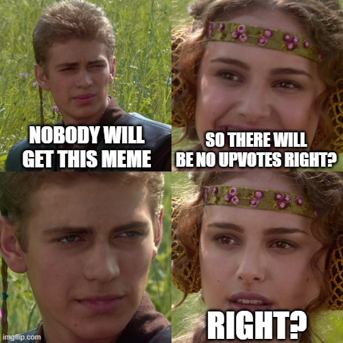 Anakin Padme 4 Panel |  NOBODY WILL GET THIS MEME; SO THERE WILL BE NO UPVOTES RIGHT? RIGHT? | image tagged in anakin padme 4 panel | made w/ Imgflip meme maker
