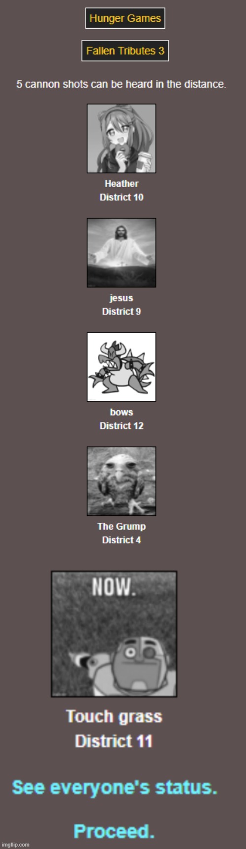 Fallen Tributes 3 (skipped Fallen Tributes 2 because no one died) | made w/ Imgflip meme maker