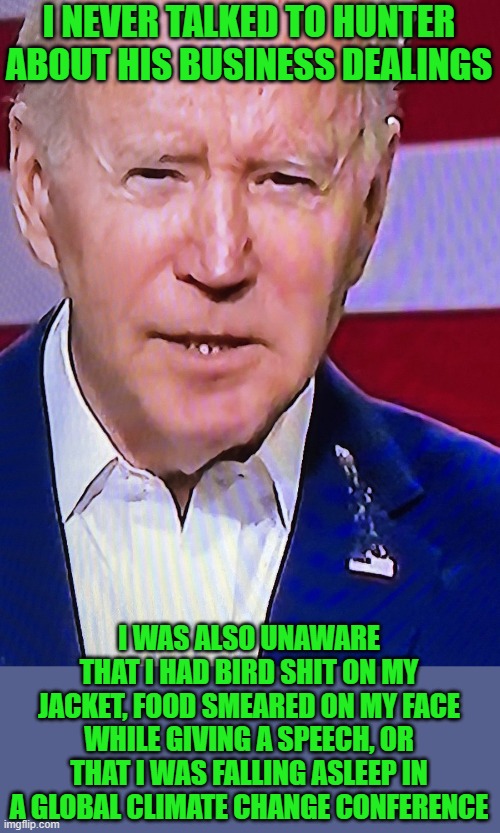 Bird Poops on Joe Biden | I NEVER TALKED TO HUNTER ABOUT HIS BUSINESS DEALINGS I WAS ALSO UNAWARE THAT I HAD BIRD SHIT ON MY JACKET, FOOD SMEARED ON MY FACE WHILE GIV | image tagged in bird poops on joe biden | made w/ Imgflip meme maker